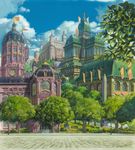  castle clouds fence flags flowers fountain gate ghibli howl_no_ugoku_shiro lamppost landscape leaves obelisk sky street trees windows 