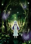  blue_hair bug butterfly dress flower forest highres insect long_hair nature original solo wadapen wading water 