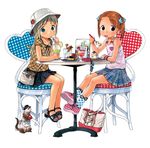  2girls :p ana_coppola bag barasui blonde_hair blue_eyes blush bow brown_eyes brown_hair cake chair child drink eating food fork fruit hair_bow highres ichigo_mashimaro matsuoka_miu multiple_girls official_art sandals short_twintails simple_background sitting skirt strawberry tank_top tongue tongue_out twintails white_background 