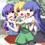  bad_id bad_pixiv_id blonde_hair blue_eyes blue_hair cheek_pinching fuji_hyorone furude_rika green_skirt hanyuu heart heart_in_mouth higurashi_no_naku_koro_ni houjou_satoko hug long_hair multiple_girls one_eye_closed open_mouth pantyhose pinching purple_eyes purple_hair red_eyes school_uniform short_hair skirt 