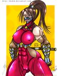  abs breasts brown_eyes cameltoe cleavage erect_nipples gauntlets hydek large_breasts mask muscle ninja see-through skin_tight solo soul_calibur sword taki weapon 