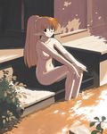  breasts brown_hair elf hands jiji long_hair medium_breasts nipples nude original pointy_ears ponytail sitting smile soaking_feet solo water 