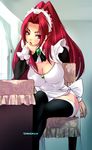  black_legwear breasts cleavage copyright_request large_breasts long_hair maid maid_headdress mole open_mouth pink_eyes red_hair solo teruchan thighhighs 