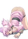  1girl ass female fishnets forehead_protector naruto no_panties pink_eyes pink_hair quad_tails simple_background solo tasaka_shinnosuke temari top-down_bottom-up white_background 