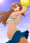  1girl absurdres asahina_mikuru ass b.ex.rc blush breasts cheerleader erect_nipples female highres legs long_hair miniskirt nipples nude outdoors pleated_skirt short_skirt skirt sky solo suzumiya_haruhi_no_yuuutsu thighs wardrobe_malfunction 