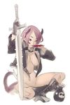  boots bottomless copyright_request cup demon_girl horns jacket nishieda no_bra open_clothes open_jacket sakazuki simple_background sitting solo sword tail weapon 