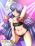  abs arm_up bell black_bra black_panties blue_hair bra dual_wielding facial_mark fan flat_chest forehead_mark holding horn jingle_bell lingerie long_hair navel one_eye_closed panties pose print_bra solo standing super_robot_wars super_robot_wars_og_saga_mugen_no_frontier suzuka_hime taro twintails underwear underwear_only yellow_eyes 