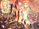  2girls battle blonde_hair bone_(stare) breasts censored freia_(reginleiv) hair_censor hair_over_breasts idunn_(reginleiv) long_hair medium_breasts multiple_girls navel red_eyes thighhighs tiara torn_clothes zangeki_no_reginleiv 