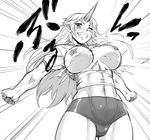  abs alternate_costume breasts breasts_apart bursting_breasts buruma curvy dr.p greyscale grin gym_uniform horn hoshiguma_yuugi large_breasts long_hair monochrome muscle oni outstretched_arms pasties pointy_ears smile solo spread_arms torn_clothes touhou 