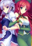  absurdres blue_eyes braid breasts china_dress chinese_clothes cleavage dress garter_straps green_eyes highres hong_meiling izayoi_sakuya locked_arms long_hair maid medium_breasts multiple_girls oversized_breast_cup red_hair ribbon sayori short_hair silver_hair smile touhou twin_braids 