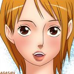  1girl agasan brown_eyes female lips looking_at_viewer nami nami_(one_piece) one_piece one_piece:_strong_world open_mouth orange_hair smile solo 