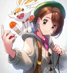  1girl backpack bag bangs brown_eyes brown_hair creatures_(company) female_protagonist_(pokemon_swsh) game_freak gen_8_pokemon green_hat hat highres holding holding_poke_ball honyaru_(nanairo39) looking_at_viewer nintendo open_mouth poke_ball pokemon pokemon_(creature) pokemon_(game) pokemon_swsh scorbunny shirt short_hair simple_background smile tam_o&#039;_shanter upper_teeth 