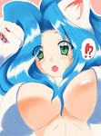  1girl animal_ears bad_id bad_pixiv_id blue_hair blush breasts capcom cat_ears fang felicia green_eyes large_breasts long_hair open_mouth senrifx solo sweatdrop vampire_(game) 