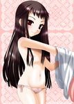  ar_tonelico ar_tonelico_ii black_hair blush flat_chest inumori_sayaka jakuri long_hair lowleg lowleg_panties navel panties red_eyes side-tie_panties smile solo striped striped_panties underwear undressing 