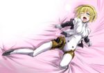  aegis_(persona) android blonde_hair blue_eyes blush breasts hairband lying medium_breasts one_eye_closed open_clothes open_mouth open_shirt persona persona_3 saliva segami_daisuke shirt short_hair solo spread_legs tears 