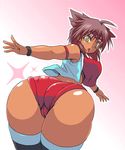  ahoge ass bad_id bad_pixiv_id bent_over breasts brown_hair cameltoe chestnut_mouth copyright_request curvy dark_skin ekakiuo from_behind headband huge_ass large_breasts looking_back open_mouth shorts slit_pupils solo thighhighs yellow_eyes 
