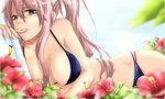  alternate_hairstyle bikini blue_eyes breasts flower hibiscus large_breasts long_hair lying megurine_luka naoko_(hirolove) on_side pink_hair ponytail solo swimsuit vocaloid 