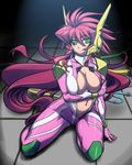  aqua_eyes breasts cleavage headgear jumpsuit knee_pads large_breasts long_hair navel personification red_hair robot_ears sangekimaru shoulder_pads solo super_robot_wars valsione very_long_hair 