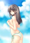  ass bad_id bad_pixiv_id bikini black_hair brown_eyes covering covering_breasts fukase_ayaka long_hair looking_back original solo swimsuit topless 