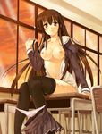  aki_sora aoi_aki bad_id bad_pixiv_id breasts brown_hair classroom desk indoors kusukoni_melco long_hair medium_breasts nipples panties panty_pull school_desk school_uniform solo thighhighs underwear undressing 