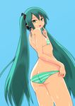  ass bad_id bad_pixiv_id bikini butt_crack flat_ass green_eyes green_hair hatsune_miku headphones headset long_hair solo striped striped_bikini swimsuit tsuntarou twintails vocaloid wet 