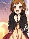  1girl :d akasata bang_dream! bangs black_choker black_jacket brown_eyes brown_hair character_name choker clenched_hands clothes_writing dated dress hairband hands_up happy_birthday hazawa_tsugumi hood hood_down hooded_jacket jacket long_sleeves open_mouth orange_dress paint_stains short_hair smile solo sunset 