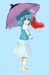  barefoot blue_eyes blue_hair heterochromia karakasa_obake purple_umbrella randou red_eyes short_hair skirt solo tatara_kogasa tongue touhou umbrella wet 