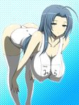  ahoge ass bent_over blue_eyes blue_hair blush breasts cleavage collarbone covered_nipples hanging_breasts huge_breasts idolmaster idolmaster_(classic) long_hair miura_azusa one-piece_swimsuit school_swimsuit solo swimsuit thighhighs wakame white_school_swimsuit white_swimsuit 