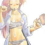  artist_request closed_eyes cup earrings eyelashes jewelry long_hair musashi_(pokemon) navel open_clothes open_shirt pajamas pokemon pokemon_(anime) red_hair shirt sleepy sleeves_rolled_up solo striped team_rocket toothbrush toothpaste 