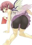  absurdres all_fours angry animal_ears ass barefoot bike_shorts cameltoe fangs highres looking_back mystia_lorelei pink_hair shiba_itsuki short_hair simple_background skirt skirt_lift solo touhou white_background wings 