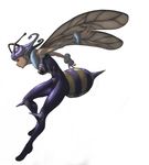  1girl antennae bare_shoulders bee_girl bodysuit breasts full_body insect_girl insect_wings medium_breasts monster_girl profile purple_eyes purple_hair q-bee short_hair simple_background solo stinger vampire_(game) white_background wings 