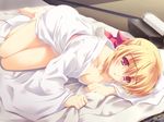  barefoot blonde_hair breasts chihaya_(moshiraba) cleavage downblouse game_cg kusukusu lying medium_breasts moshimo_ashita_ga_hare_naraba on_side red_eyes solo sweat 