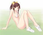  barefoot bikini blush brown_eyes brown_hair feet hair_ribbon kusaka_maichi long_hair love_plus no_socks ponytail ribbon shoe_pull side-tie_bikini sitting sketch solo swimsuit takane_manaka 