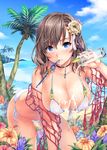  all_fours beach bendy_straw bikini blue_eyes breasts brown_hair choker cleavage cloud covered_nipples cup day drink drinking_straw flower food front-tie_top fruit hair_flower hair_ornament hibiscus highres ichijou_manami large_breasts leaning_forward lime_(fruit) lips looking_at_viewer menkui! micro_bikini mouth_hold nipples ocean outdoors palm_tree see-through sexually_suggestive short_hair side-tie_bikini sky solo spilling suggestive_fluid swimsuit tosh_(imonade_ryouchou) tree tropical_drink water wet 