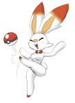  2019 anthro anthrofied bit-small blush breasts buckteeth digital_media_(artwork) eyes_closed featureless_breasts featureless_crotch female fur hi_res kick lagomorph mammal nintendo open_mouth pok&eacute;ball pok&eacute;mon pok&eacute;mon_(species) pok&eacute;morph scorbunny simple_background smile solo teeth video_games white_fur 