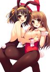  2girls animal_ears asahina_mikuru blush breast_squeeze breasts brown_hair bunny_ears bunny_outfit bunnysuit groping legs long_hair multiple_girls nipples nipples_touching short_hair suzumiya_haruhi suzumiya_haruhi_no_yuuutsu thighs tomose_shunsaku yuri 