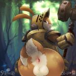  2019 anthro anus armello armor balls barnaby_(armello) bottomless butt clothed clothing digital_media_(artwork) forest fur helmet holding_object holding_weapon lagomorph leaning leaning_forward lonelycharart looking_at_viewer male mammal melee_weapon outside pose presenting presenting_hindquarters rabbit smile solo tree twymouse weapon 