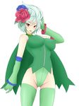  breasts cape covered_nipples elbow_gloves emukon eyelashes flower frills gen_4_pokemon gloves green_hair green_leotard hair_flower hair_ornament highres large_breasts leotard lips personification pokemon red_eyes rose roserade short_hair simple_background solo thighhighs white_background white_hair 