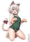  1girl :d alternate_color_school_swimsuit alternate_costume animal_ears bangs blush bow breasts cat_day cat_ears cat_paws cat_tail choker collar collarbone covered_navel ebifurya eyebrows_visible_through_hair gloves green_eyes green_swimsuit hair_between_eyes highres kantai_collection kemonomimi_mode kneeling legs_apart looking_at_viewer messy_hair one-piece_swimsuit open_mouth paw_gloves paw_pose paw_shoes paws red_bow school_swimsuit shimushu_(kantai_collection) shoes short_hair simple_background small_breasts smile solo swimsuit tail thighs white_background white_hair 