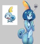  2019 anthro anthrofied blue_hair blush blush_stickers breasts crying digital_media_(artwork) eigaka featureless_breasts featureless_crotch female hair ken_sugimori nintendo non-mammal_breasts official_art pok&eacute;mon pok&eacute;mon_(species) pok&eacute;morph reptile scalie simple_background sobble solo tears video_games 