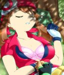  1girl bra breasts cleavage g-sun haruka_(pokemon) lingerie pokemon satoshi_(pokemon) sleeping underwear undressing 