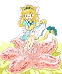  animal_ears bi-nyo blonde_hair blush cat_ears cat_tail dress female hair monster panties plain_background plant_rape pukao restrained scared solo surprised tail tentacle tentacle_pit tentacles uhoh underwear vore white_background 