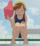  barefoot brown_hair chu-bra!! closed_eyes feet hayama_nayu highres kickboard one-piece_swimsuit school_swimsuit screencap solo squatting stitched swim_cap swimsuit third-party_edit 