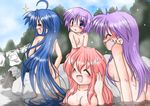  ahoge angry ass blue_hair breasts commentary_request gaketsu highres hiiragi_kagami hiiragi_tsukasa izumi_konata long_hair lucky_star medium_breasts mole mole_under_eye multiple_girls nude onsen pink_hair purple_hair short_hair small_breasts sweatdrop takara_miyuki very_long_hair 