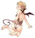  ass bare_shoulders barefoot bat_wings brown_hair copyright_request demon_girl fingernails horns long_fingernails looking_back nishieda red_eyes short_hair simple_background solo tail wings 