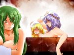  :3 bath blonde_hair blood breasts eyebrows_visible_through_hair eyes_visible_through_hair green_eyes green_hair grin highres huge_breasts kochiya_sanae large_breasts long_hair moriya_suwako multiple_girls nosebleed purple_hair rape_face red_eyes short_hair smile tobisawa touhou wallpaper yasaka_kanako yellow_eyes you_gonna_get_raped yuri 