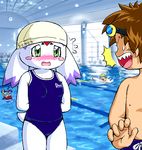  animal_ears blush breasts calumon cleavage digimon digimon_tamers furry g-sun impmon li_jenrya matsuda_takato oekaki swimsuit tail 