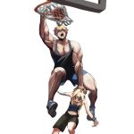  2boys absurdres asymmetrical_gloves ball basketball basketball_hoop basketball_jersey basketball_uniform blonde_hair bridget_(guilty_gear) fingerless_gloves gloves guilty_gear guilty_gear_strive gym_shorts highres holding holding_ball jersey ky_kiske looking_down looking_up male_focus medium_hair meme multiple_boys muscular muscular_male open_mouth otoko_no_ko parody playing_sports shoes shorts slam_dunk_(basketball) sneakers sportswear tears tefi_blum venom_dunking_on_spider-man_(meme) 