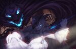  1girl bangs blue_eyes body_fur breasts commentary draconli english_commentary fur_collar furry furry_female glowing glowing_eyes glowing_mouth grey_hair hand_up highres holding horns kindred_(league_of_legends) lamb_(league_of_legends) league_of_legends long_hair mask mask_on_head medium_breasts parted_lips scar scar_on_face shiny_skin sidelocks smile teeth 