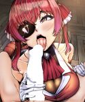  1boy 1girl absurdres bakuya bare_shoulders breasts censored commentary_request erection eyepatch fellatio gloves hetero highres hololive houshou_marine licking licking_penis long_hair open_mouth oral penis pov purple_eyes red_hair saliva sweat teeth tongue tongue_out twintails virtual_youtuber white_gloves 
